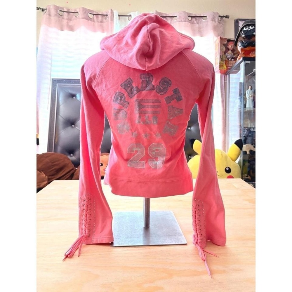 Women's Pink Lace-Up Sleeve Hooded Sweatshirt - Athletic Graphic Back